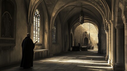 A man in a robe stands in a stone corridor.