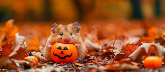 Naklejka premium Hamster on pumpkin in cozy Halloween setting exudes joy