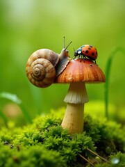 Snail and ladybug on mushroom in mystical forest
