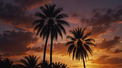 Obraz premium Silhouette of two palm trees against a vibrant sunset sky.