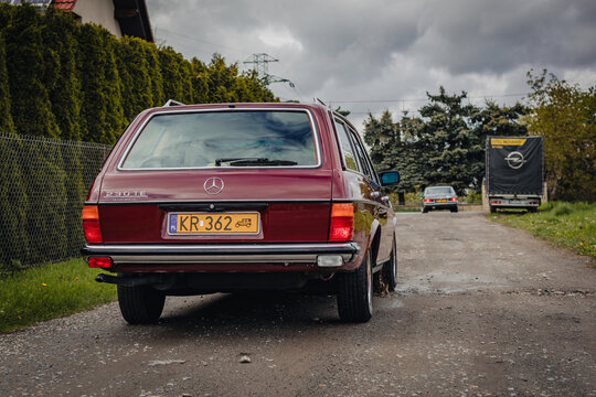 POLAND, Turawa - April 21, 2024 - Mercedes-Benz 230 TE. This 230 TE is part of the W123 series built by Mercedes-Benz from 1977 until 1985. T stands for wagon added to the range in 1979. Vintage car.