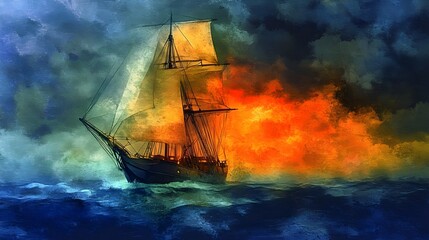 A ghost ship sailing through a tumultuous stormy night, illuminated by a spectral glow, captured in a mesmerizing watercolor style that enhances the eerie atmosphere. 