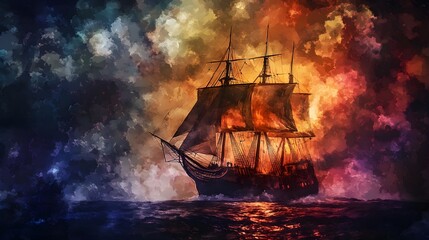 Obraz premium A ghost ship sailing through a tumultuous stormy night, illuminated by a spectral glow, captured in a mesmerizing watercolor style that enhances the eerie atmosphere. 