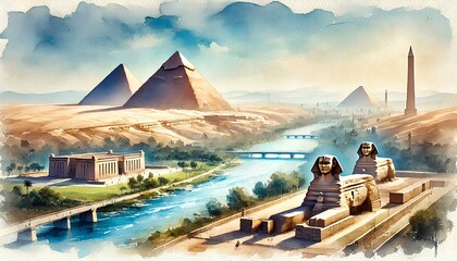 A watercolor painting of Egypt featuring the Pyramids of Giza, the Sphinx, and the Nile River in a serene landscape.