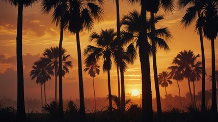 A silhouetted palm tree grove at sunset with a hazy, orange sky.