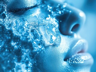 Fototapeta premium Close-Up of Face with Cold Therapy in Blue Light
