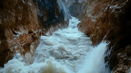 A turbulent surge of water cascades through a steep, narrow canyon, carrying rocks and debris as it crashes against the canyon walls, showcasing the raw power of nature. 