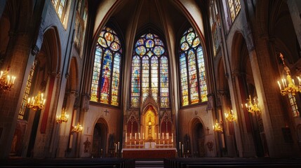 Naklejka premium Church interior with stained glass windows and candles.