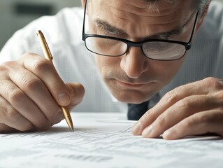 Naklejka premium Auditor checking a financial report with balance sheets and profit/loss statements, focusing on detailed business analysis