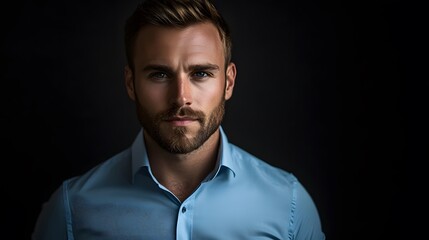 Fototapeta premium Close-up Portrait of a Young Man with a Blue Shirt and a Beard