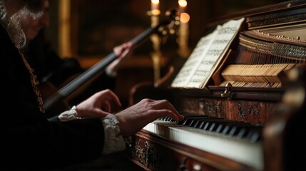 Man playing piano with cello in background.