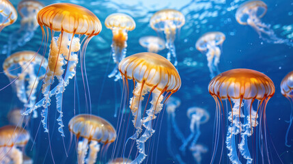 Jellyfish float gracefully in the sea and aquarium,  transparent bodies blue water, marine life