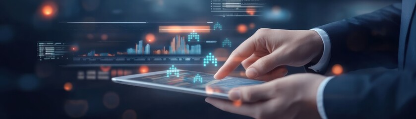 Close-up of a businessman reviewing financial reports on a digital tablet, with virtual data analytics and graphs representing business performance and analysis.