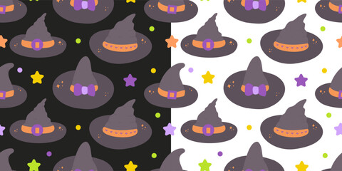 Set of 2 hand drawn seamless vector pattern. Halloween witch hat background