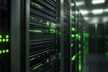 Server farm hosting mainframe computer racks and data storage infrastructure 3D rendering