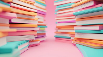 Fototapeta premium Colorful Stack of Books on Pink Background Education Knowledge Learning Concept