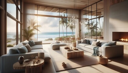 Sunlit Coastal Living Room with Ocean View and Floating Furniture
