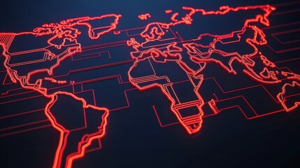 Red Neon World Map Global Network Concept