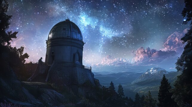 Observatory on a mountain under a starry sky.
