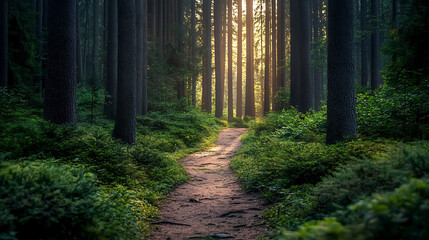 Fototapeta premium serene path winds through dense forest, illuminated by soft sunlight
