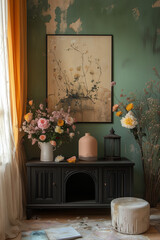 
Interior master bedroom with a dressing table and flowers, creating a bright and cozy atmosphere 3D rendering