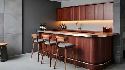 A modern kitchen featuring a gray bar counter and wooden corner, complete with stylish stools for seating.