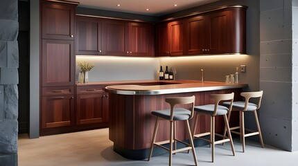 A modern kitchen featuring a gray bar counter and wooden corner, complete with stylish stools for seating.