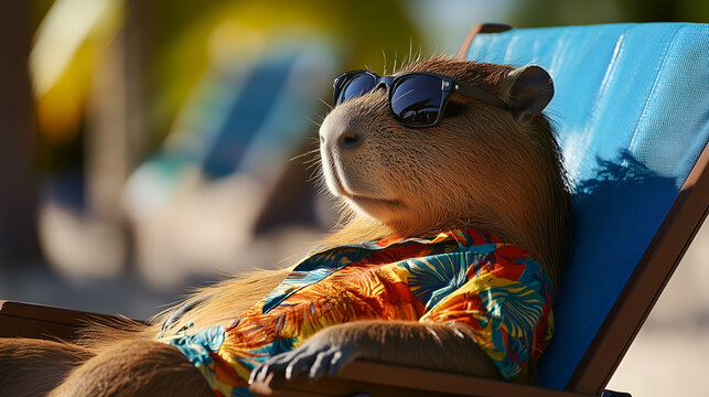 A capybara wearing a Hawaiian shirt and sunglasses. Vacation concept.