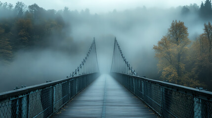 Obraz premium A suspension bridge disappearing into a foggy forest.