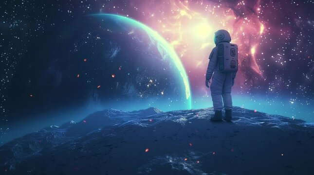 Astronaut standing on the surface of a mysterious planet, gazing at a stunning planet in a vast galaxy
 Seamless looping 4k time-lapse virtual video animation Generated AI