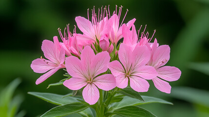 Obraz premium Pink flowers bloom vibrantly in a lush garden during springtime, displaying delicate petals and green foliage