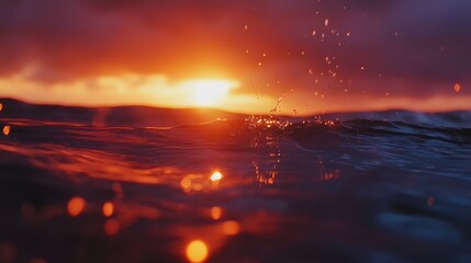 Close-up of the sun setting over an ocean, with gentle waves and soft colors in the background