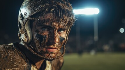 Exhausted Football Player on Sidelines at Night