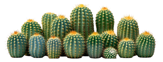 Green Barrel Cactus Cluster with Yellow Spines on White Background