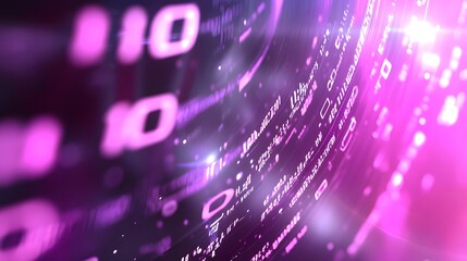 A vibrant digital scene featuring glowing pink binary codes and abstract patterns in a futuristic design.