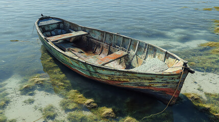 Obraz premium An old, weathered rowboat sits anchored in shallow water, its paint peeling and faded.