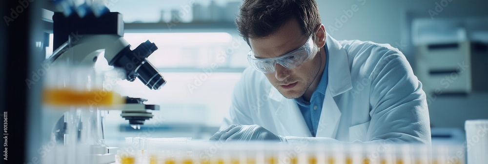 Fototapete a scientist wearing a lab coat and protective goggles meticulously manages test tubes and samples in