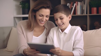 A joyful mother assists her son with homework on a tablet. They share smiles, creating a cozy and supportive learning atmosphere in a living room.