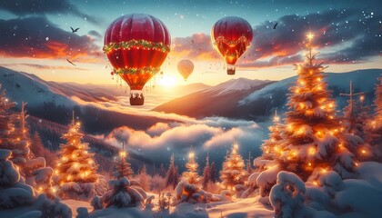 Obraz premium Christmas hot air balloons decorated with lights and garland flying over a snowy mountain at sunset. The perfect image for christmas cards, website banners, social media, created whit A.I generative. 