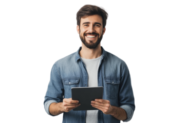 Smiling man holding tablet, wearing casual denim shirt, showcasing happiness and technology in lifestyle.