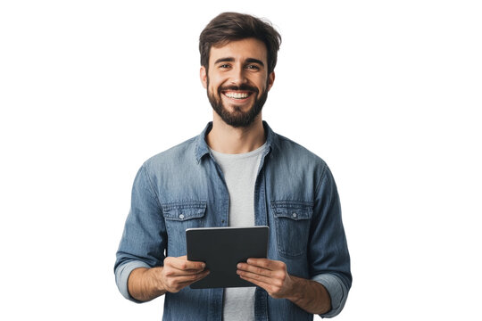 Smiling man holding tablet, wearing casual denim shirt, showcasing happiness and technology in lifestyle.