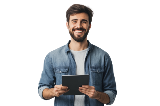 Smiling man holding tablet, wearing casual denim shirt, showcasing happiness and technology in lifestyle.