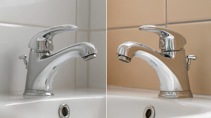 Compare the images of the dirty stainless faucet cover with the hard calcium water stain in the bathroom before and after cleaning it with a special detergent