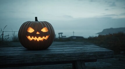 One spooky halloween pumpkin, Jack O Lantern, with an evil face and eyes on a wooden bench, table with a misty gray coastal night background with space for product placement.