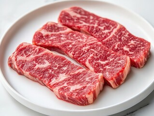 Obraz premium Fresh Striploin Steak Slices on White Plate