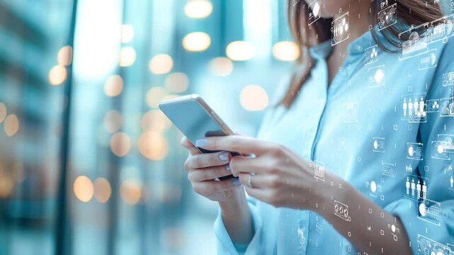 A professional using a mobile phone with digital data graphics overlay, symbolizing business technology, innovation, and real-time digital communication. - Powered by Adobe