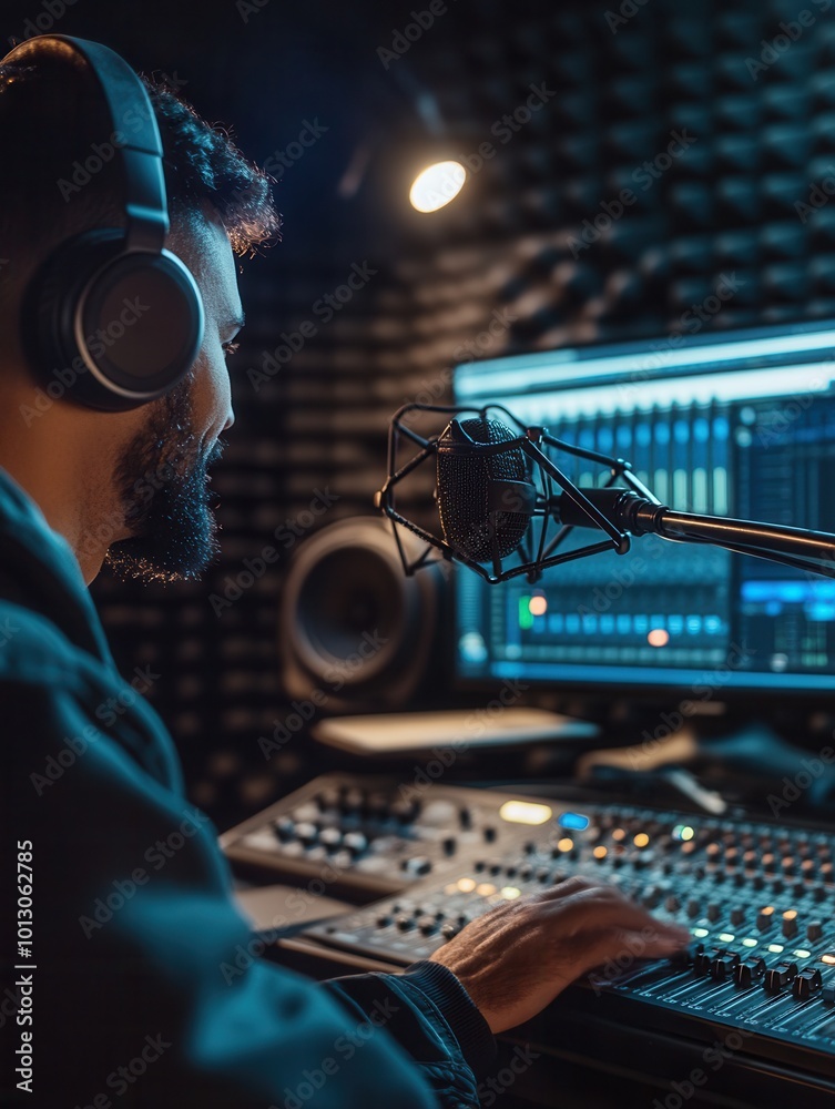 Poster the podcaster passionately discusses topics while adjusting the soundboard and microphone, immersed 