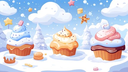 Colorful cupcakes in a whimsical snowy landscape, adorned with sprinkles and decorative elements against a bright blue sky.