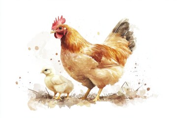 Fototapeta premium Mother Hen And Chick Together Farmyard Scene With Brown Hen And Baby Chicken