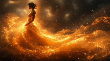 Naklejka premium Majestic Woman in Flowing Golden Dress Made of Light and Energy Against Cosmic Background